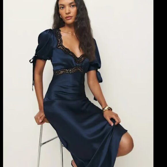 Reformation Dress Stella Silk Dress Navy Size 6 - Picture 7 of 10